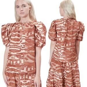 NWT Ulla Johnson Multi Neema Fawn Tige Puffed Short Sleeve Blouse Brown Size: 8